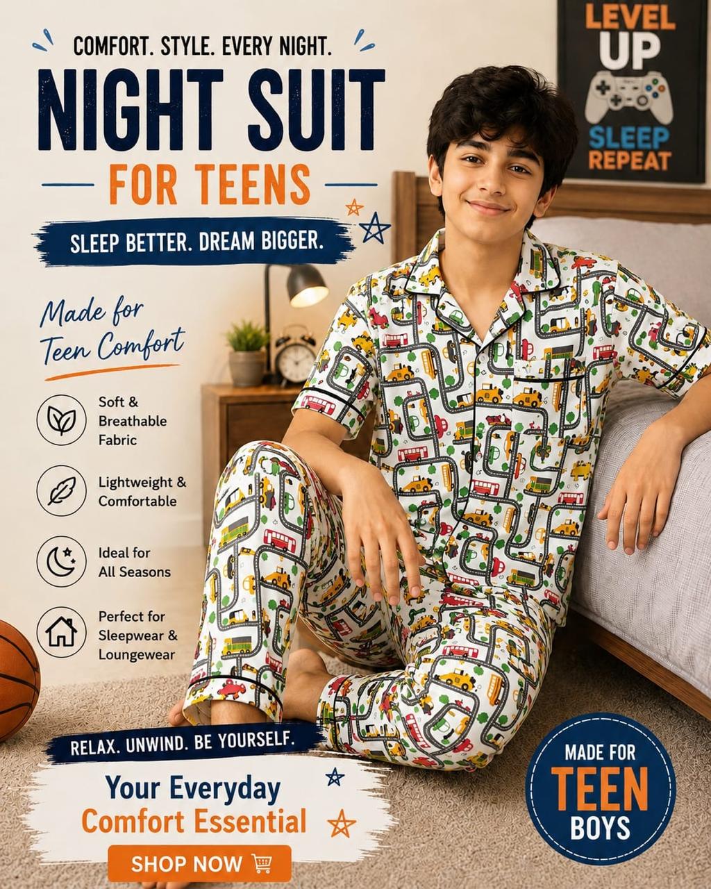 Transport Road Print Cotton Night Suit