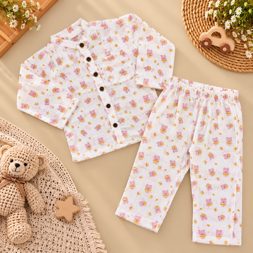 Pink Bear Printed Muslin Co-ord Set