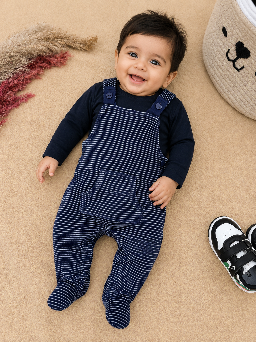 Baby Boys Velour Striped Dungaree Jumpsuit Set – 2 Piece