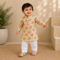 Green Floral Kurta with White Pants Set