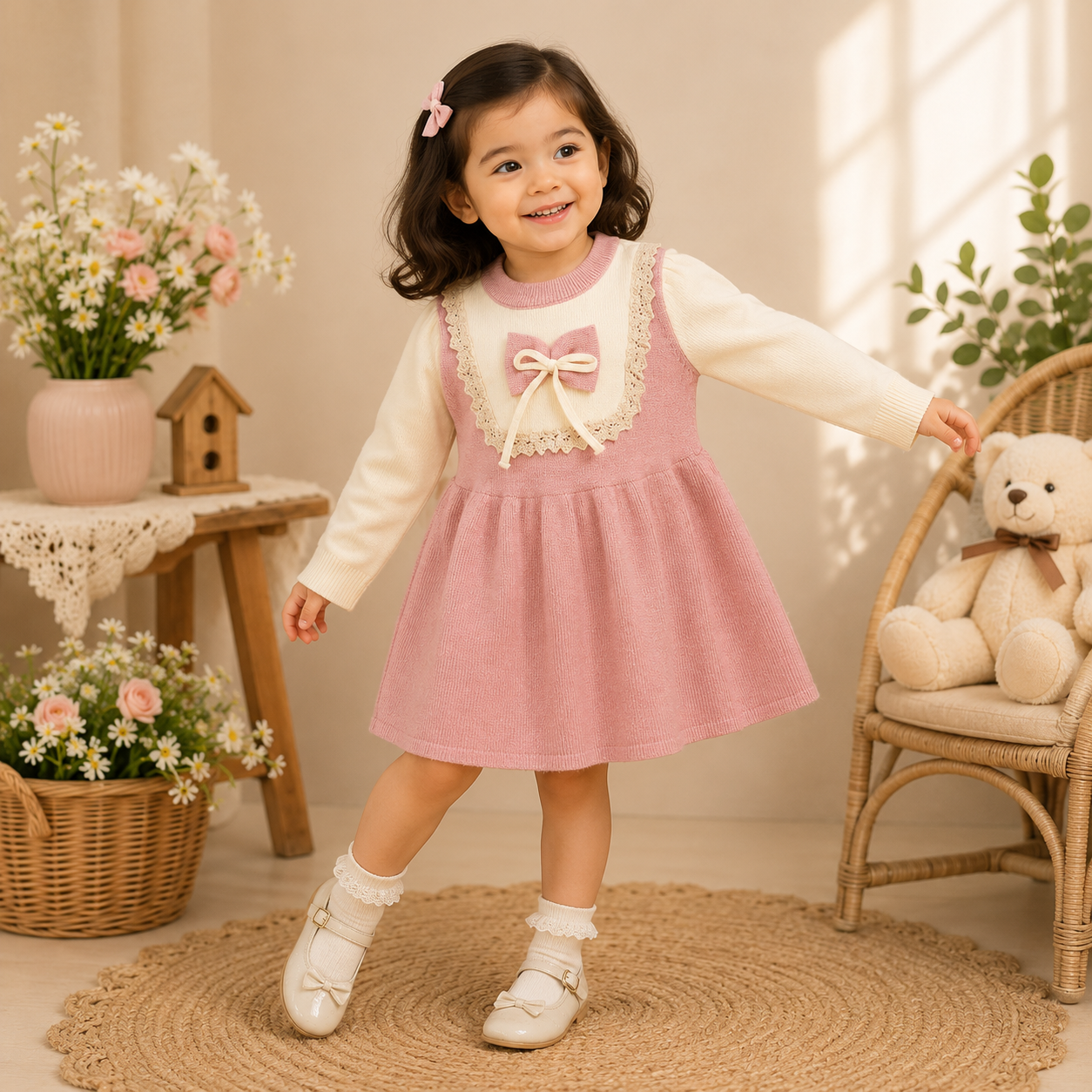 Blush Pink & Ivory Knitted Winter Dress