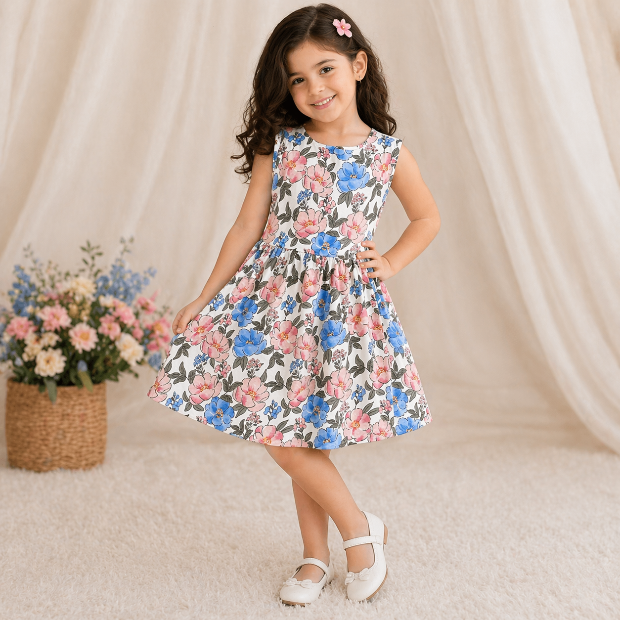 White Floral Sleeveless Fit & Flare Dress