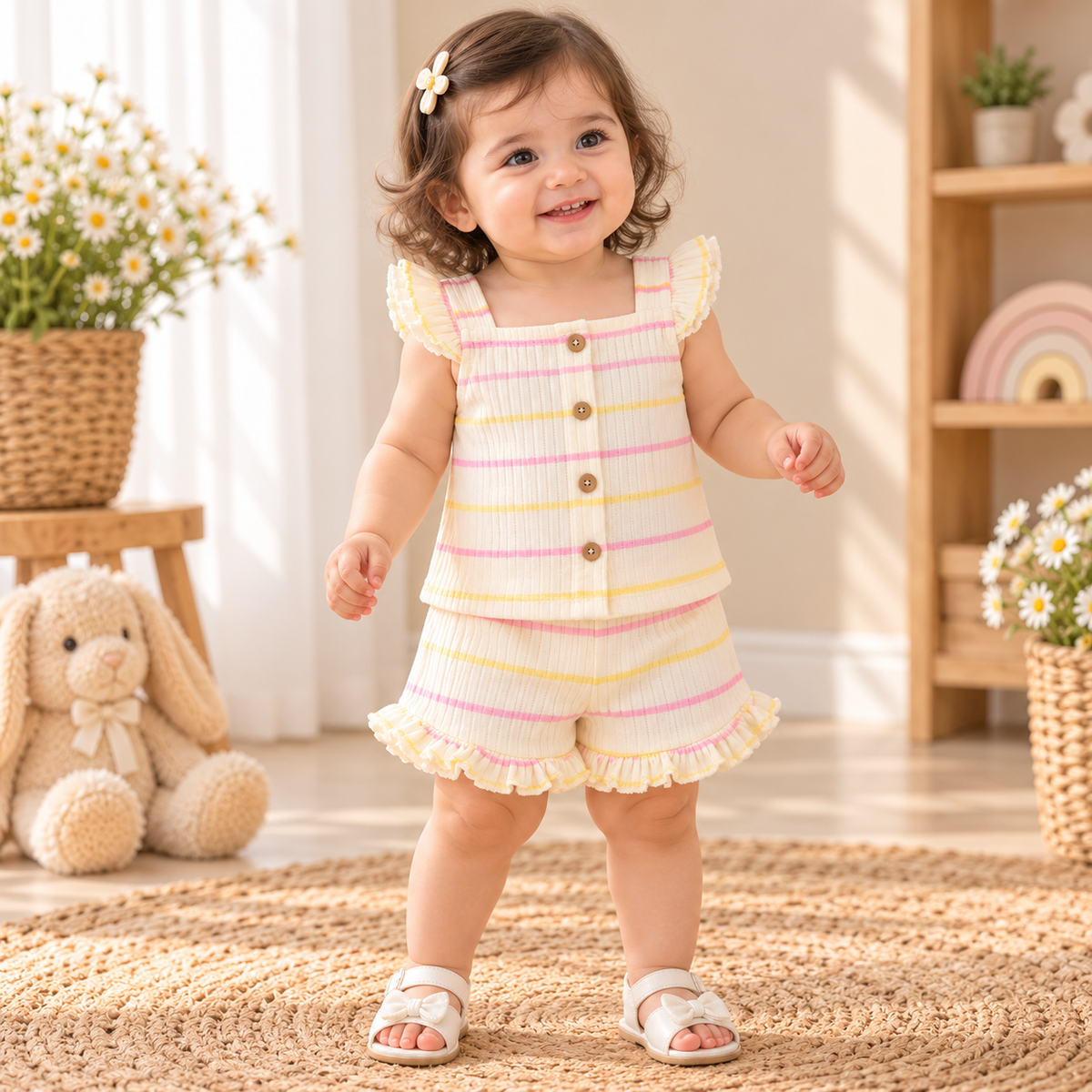 Ivory Pastel Striped Top & Shorts Set