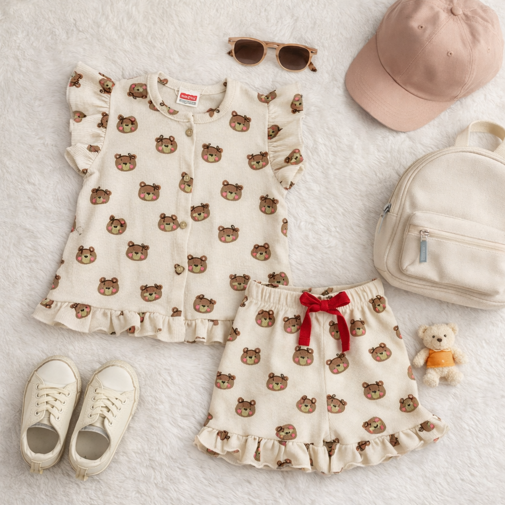 Cute Bear Print Girls Short Set