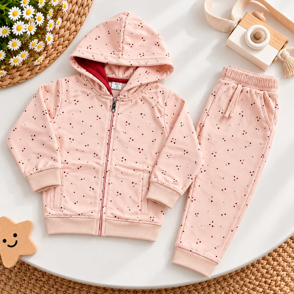 Girls Pink Polka Dot Hooded Jacket & Jogger Set