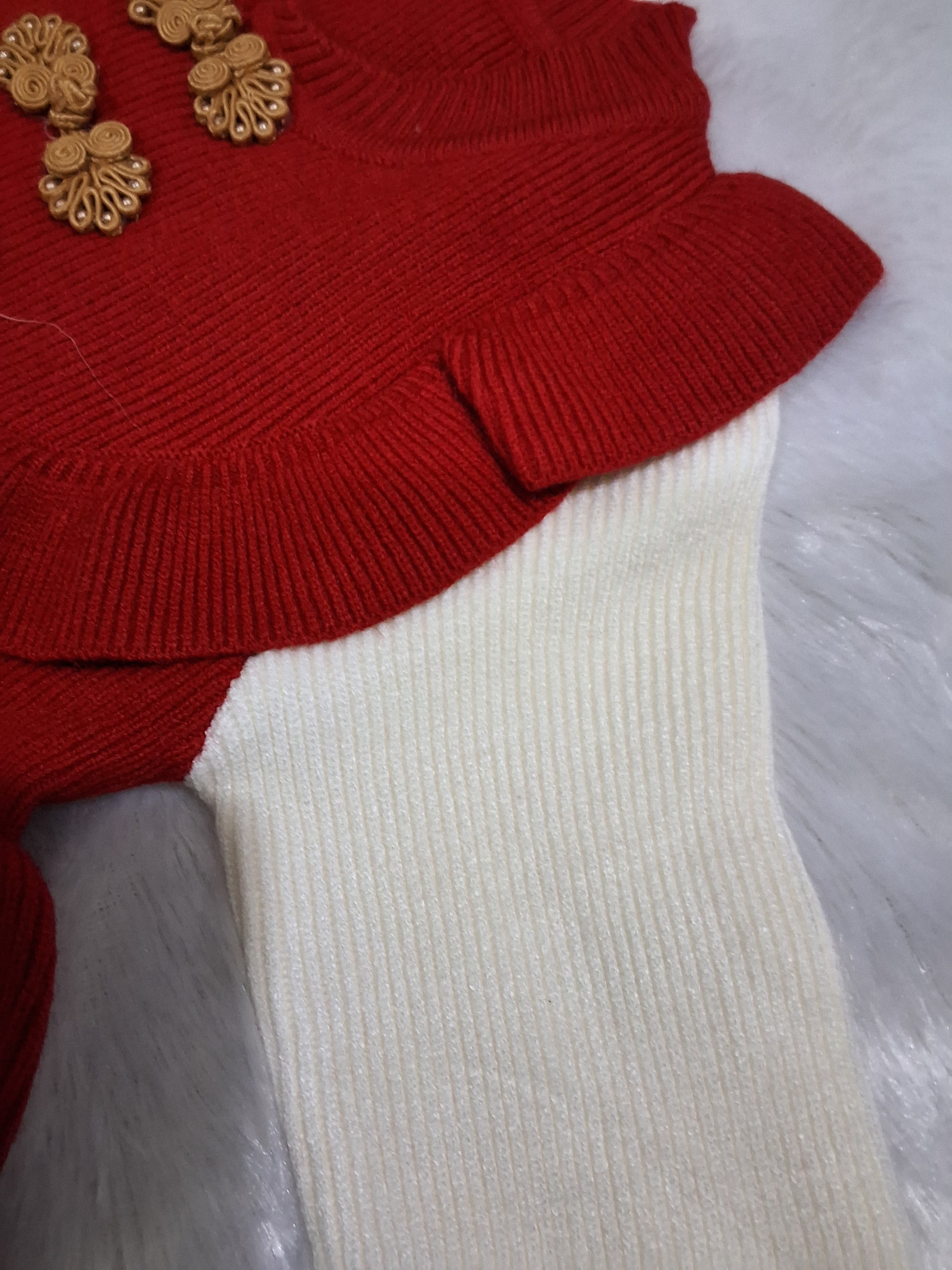 Red & Ivory Knitted Winter Dress for Baby Girls