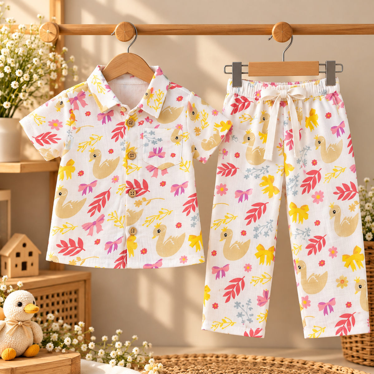 Swan & Floral Muslin Co-ord Set