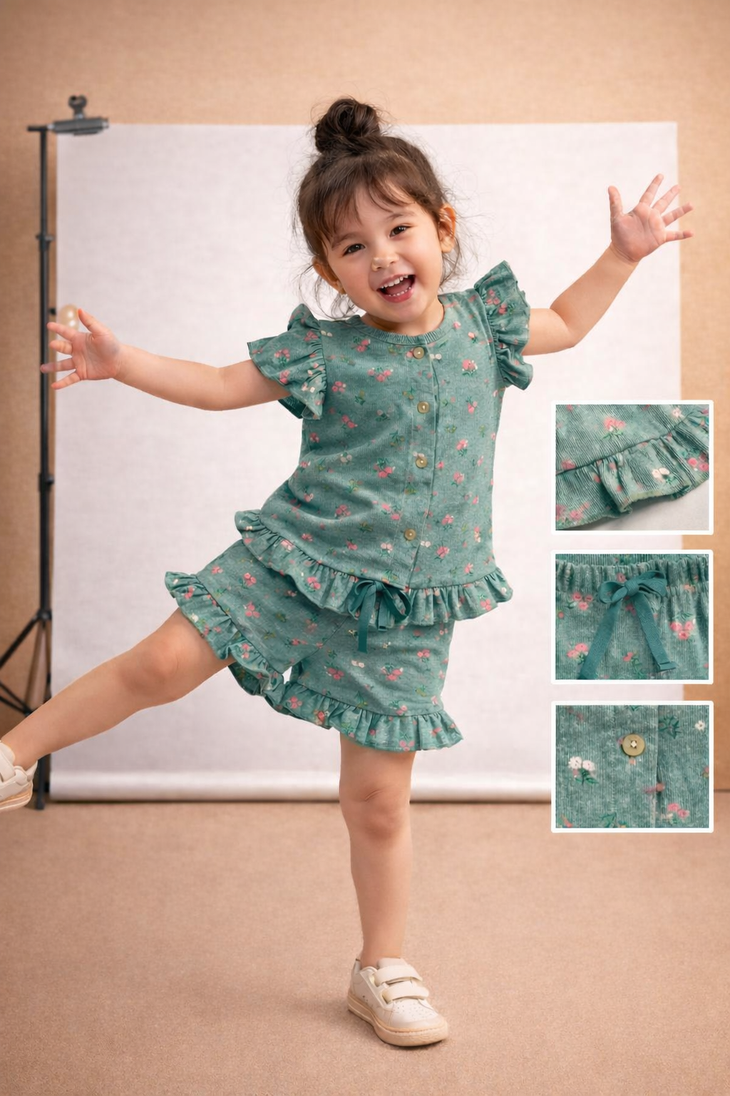 Green Floral Girls Short Set