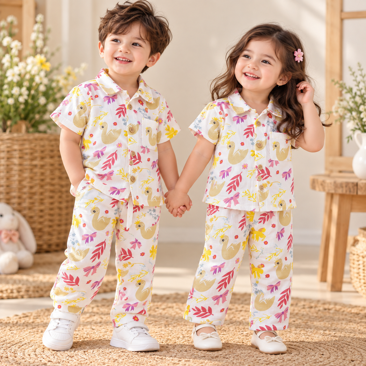 Swan & Floral Muslin Co-ord Set