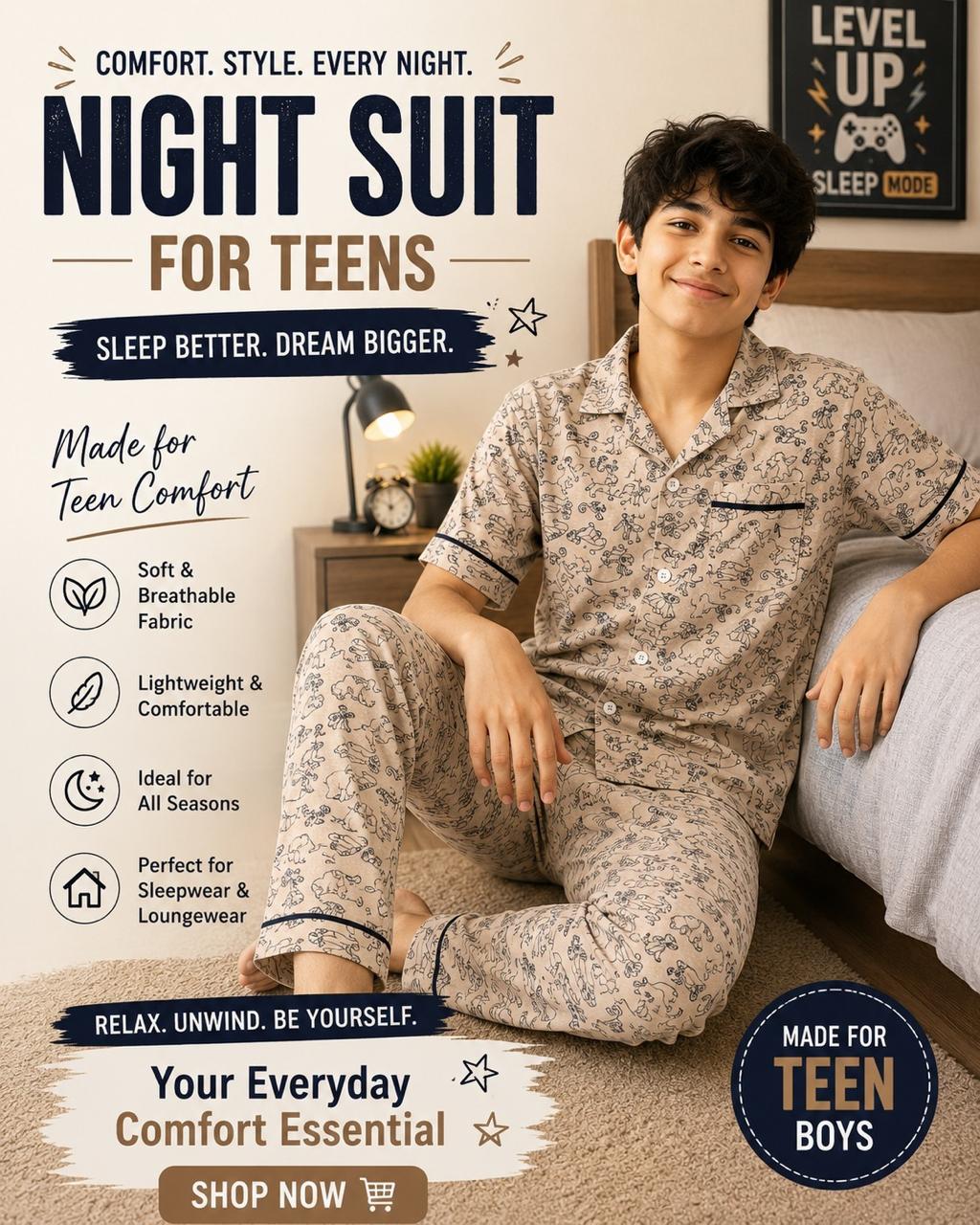 Beige Cartoon Print Cotton Night Suit