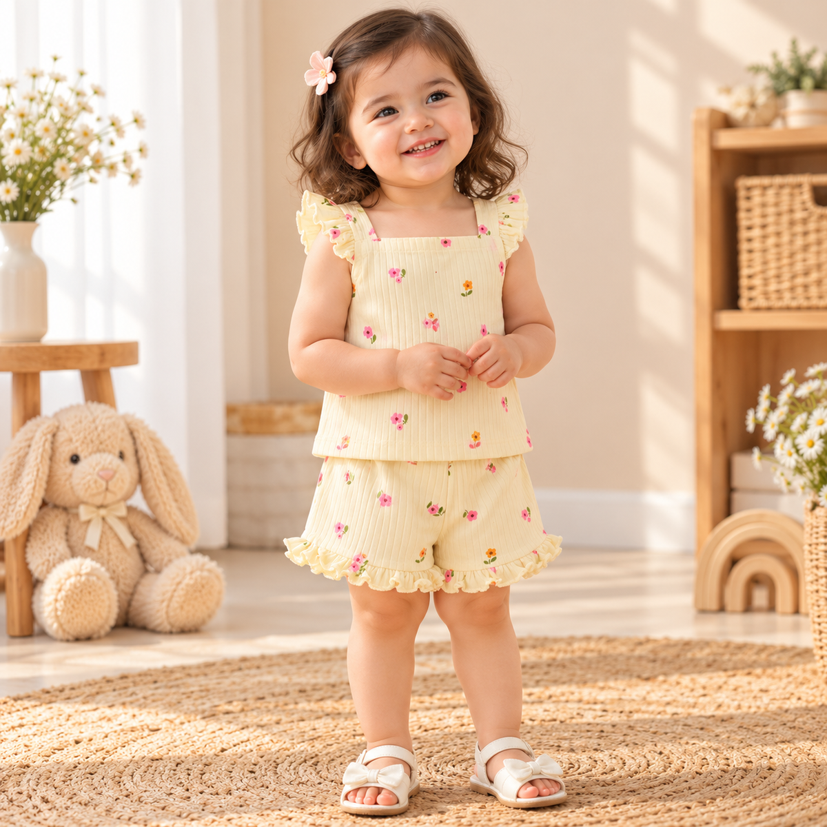 Yellow Floral Printed Top & Shorts Set