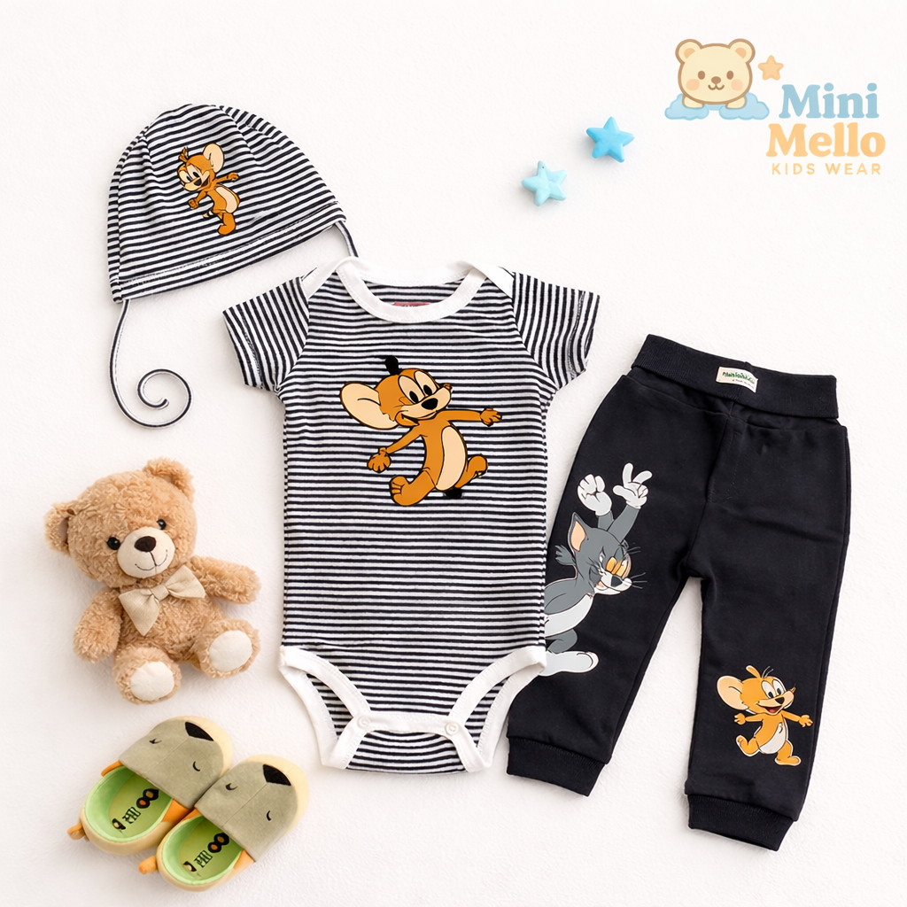 Tom & Jerry Printed Black Baby Romper Co-ord Set with Cap