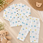 Pastel Bear Print Muslin Button-Down Top & Pajama Set