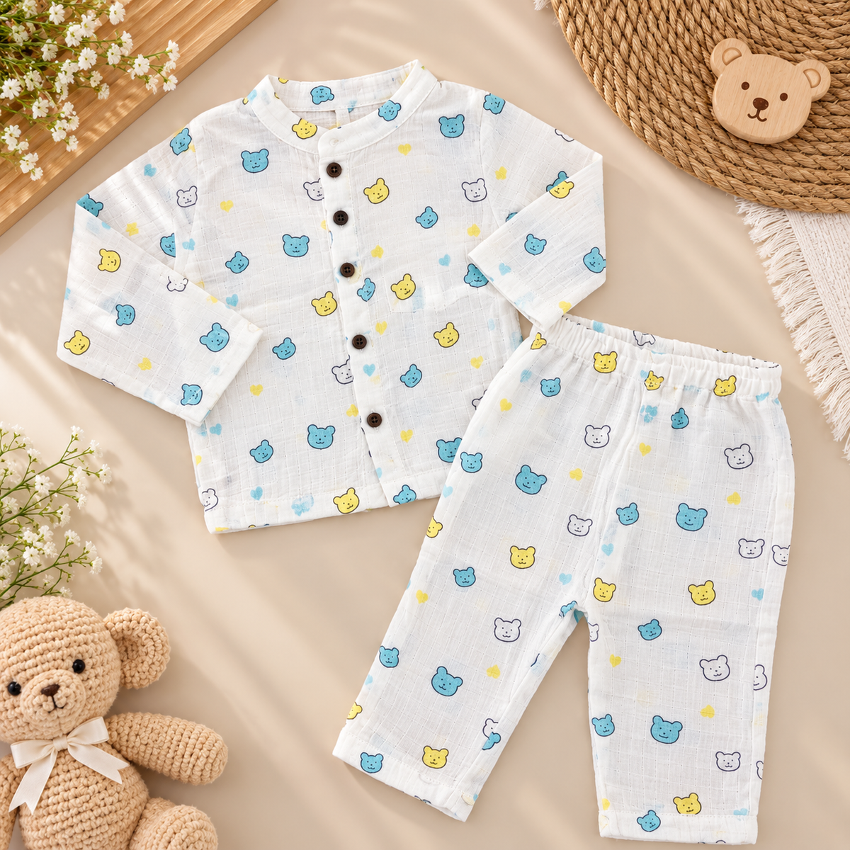 Pastel Bear Print Muslin Button-Down Top & Pajama Set