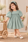 Sage Green Floral Baby Girl Dress with Headband