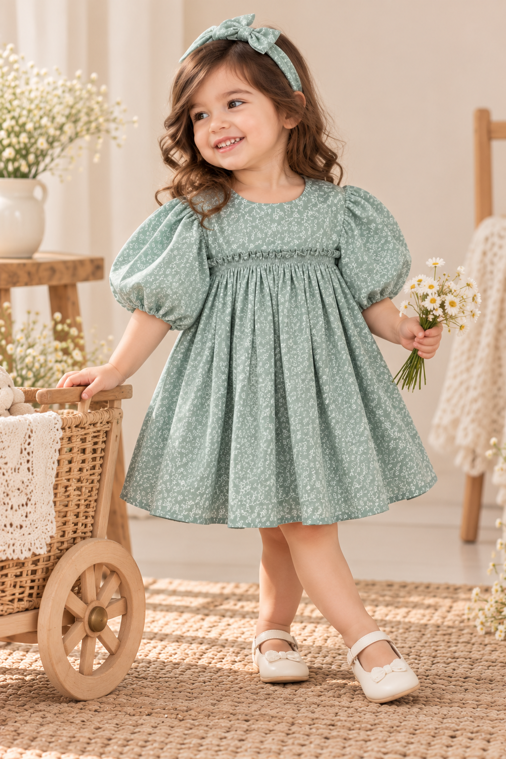 Sage Green Floral Baby Girl Dress with Headband
