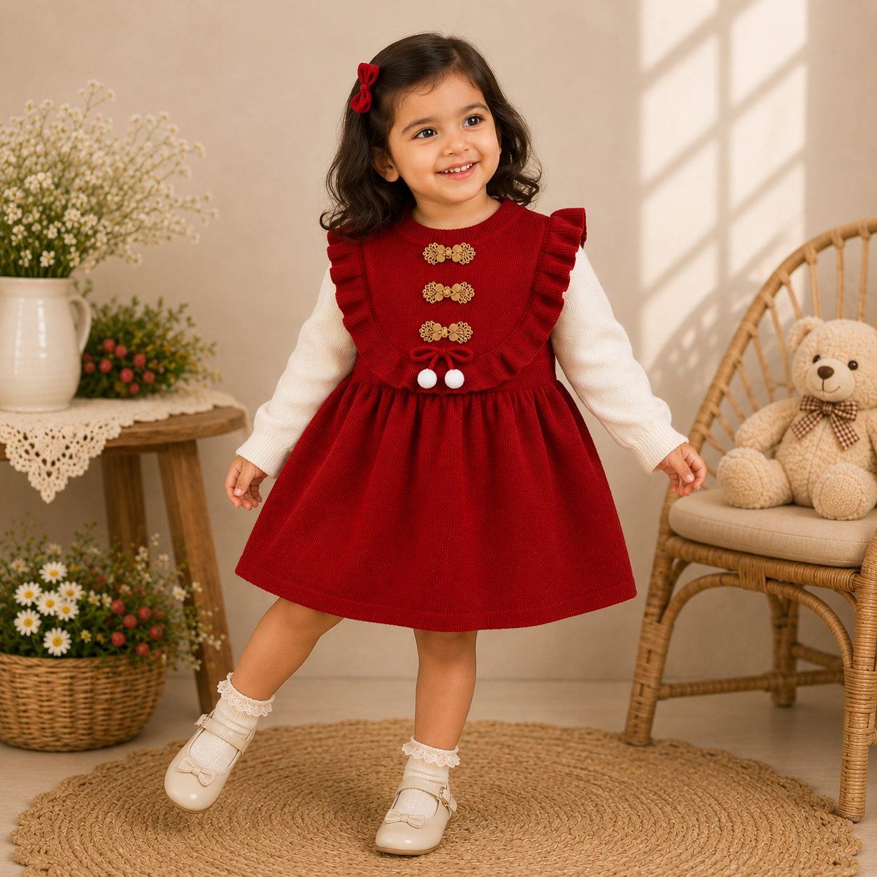 Red & Ivory Knitted Winter Dress for Baby Girls