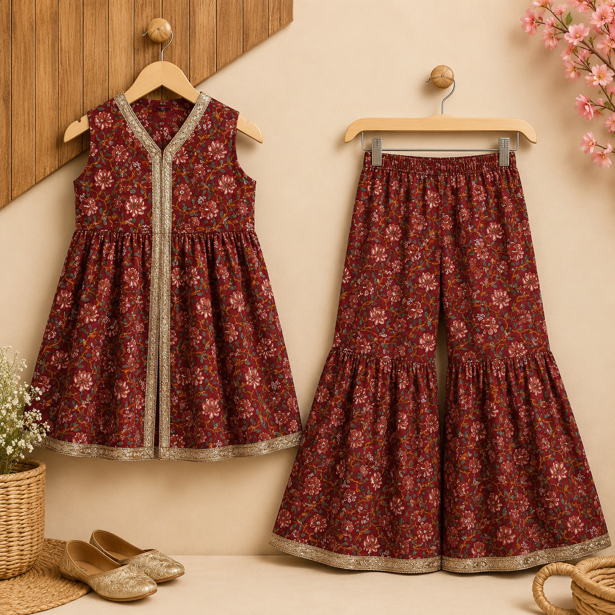 Maroon Floral Flared Kurta & Sharara Set
