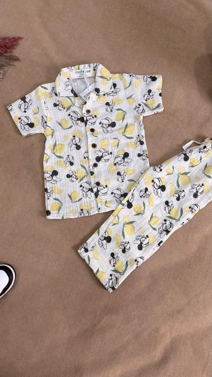 Mickey & Lemon Printed Muslin Shirt & Pants Set