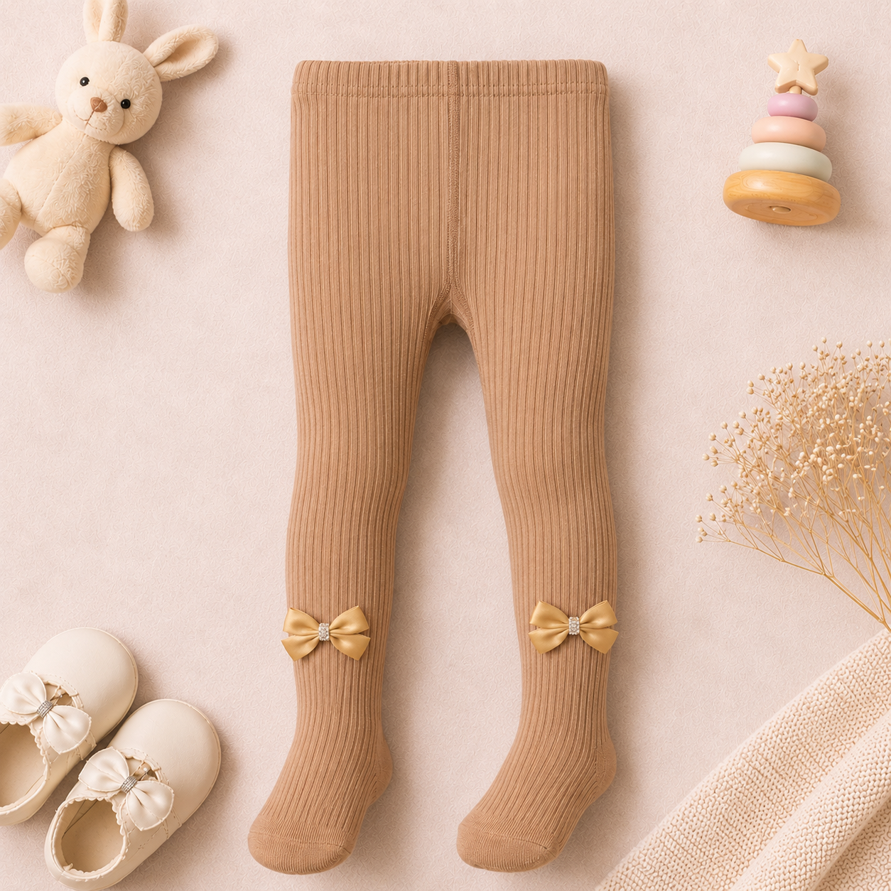 Baby Girls Ribbed Cotton Stockings with Bow Detail