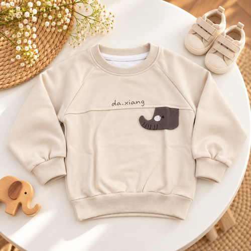 Beige Elephant Appliqué Sweatshirt