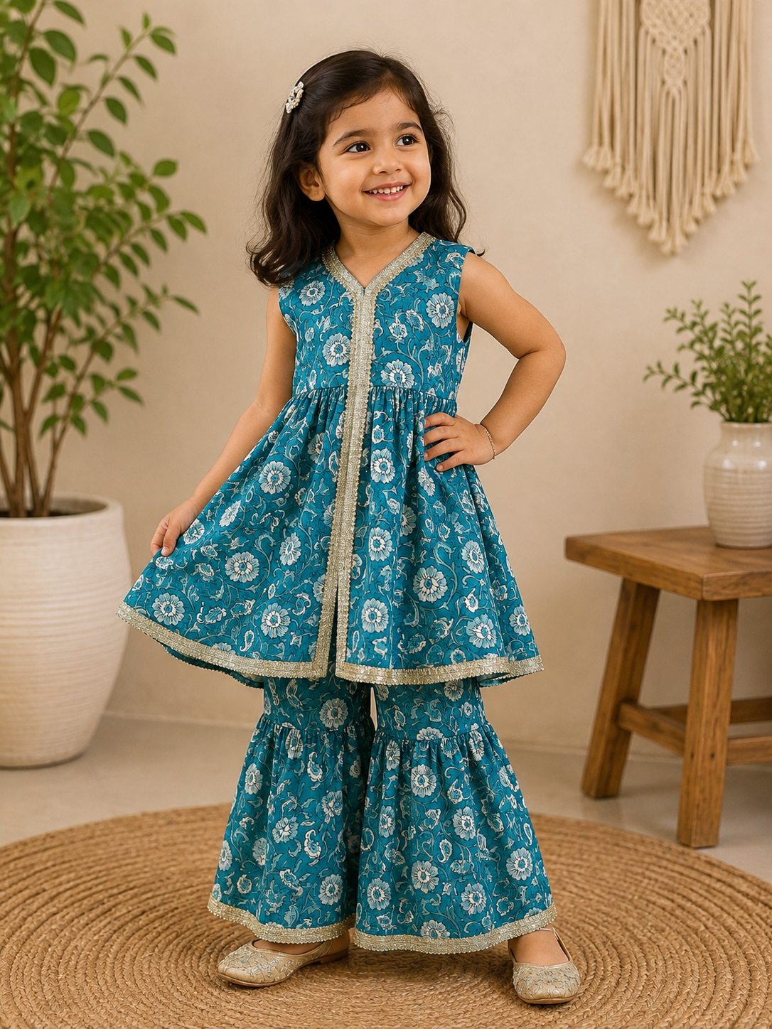 Teal Floral Kurta & Sharara Set