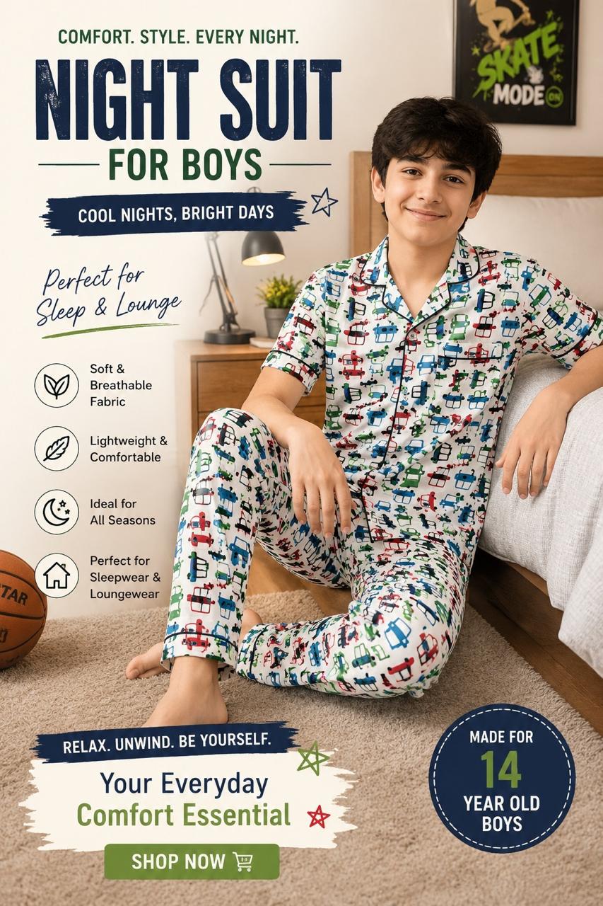 Vehicle Print Cotton Night Suit