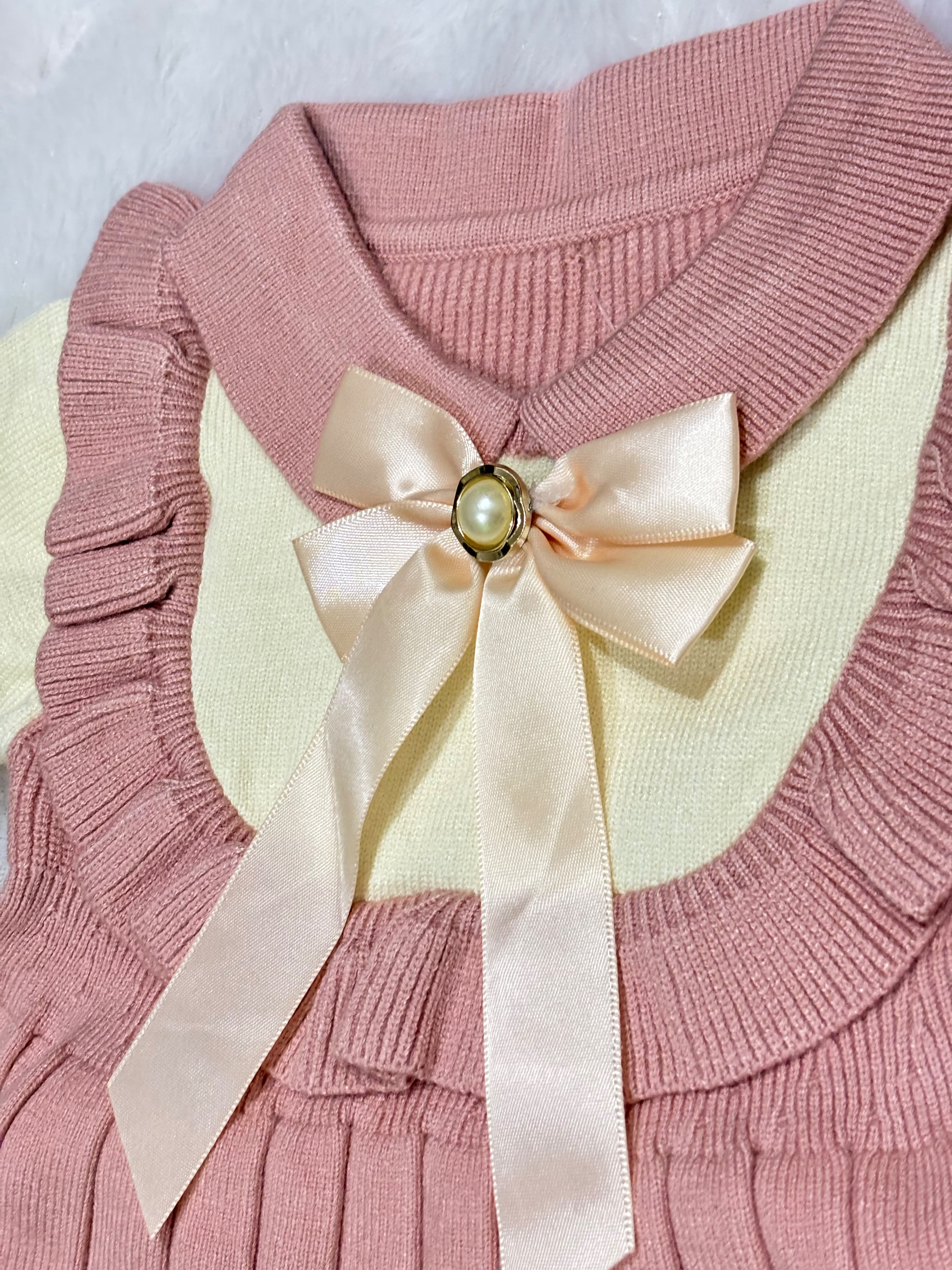 Dusty Pink & Ivory Knitted Winter Dress for Baby Girls