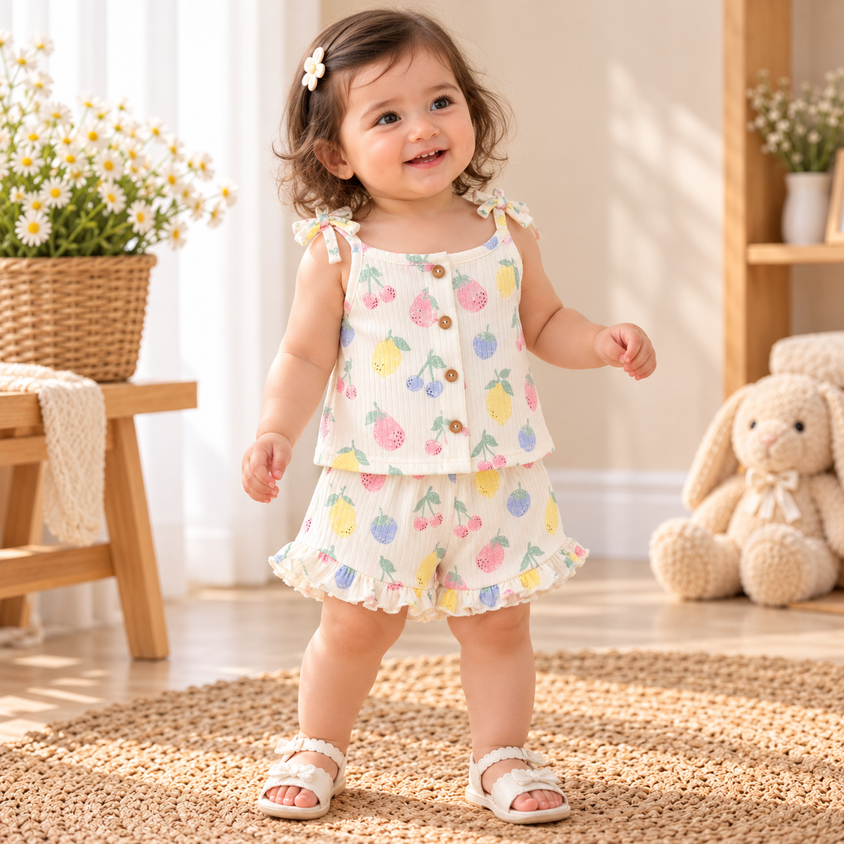 Multicolour Fruit Print Button Top & Ruffle Shorts Set