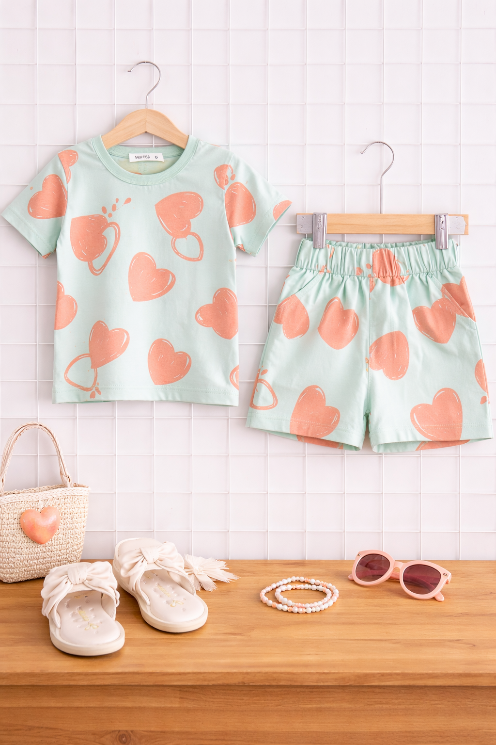 Mint Heart Print short Set