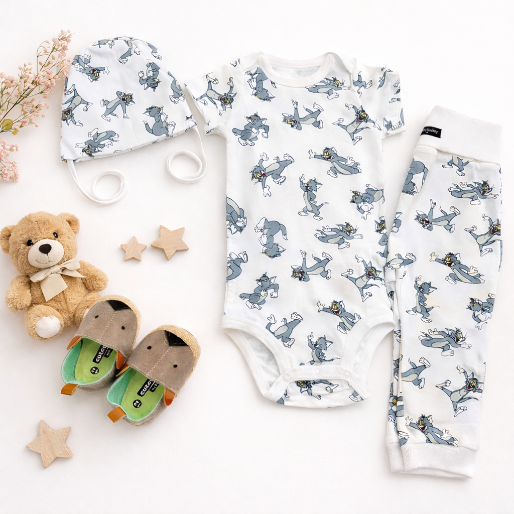 Tom & Jerry Small Printed Baby Romper Co-ord Set with Cap