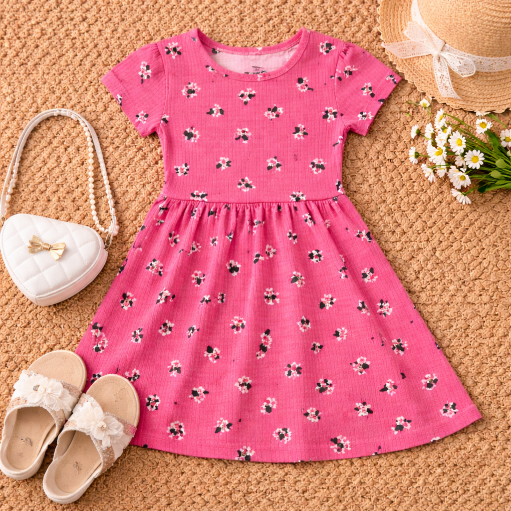 Pink Floral Ribbed Fit & Flare Dress