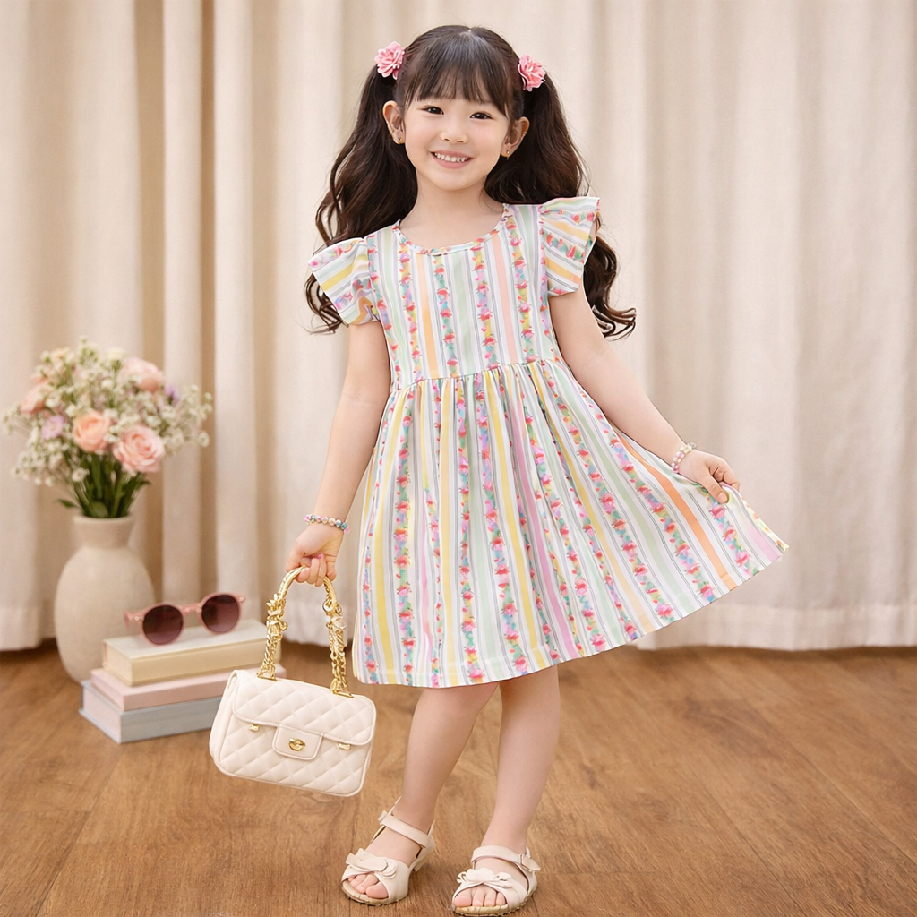 Pastel Bloom Stripe Girls Dress