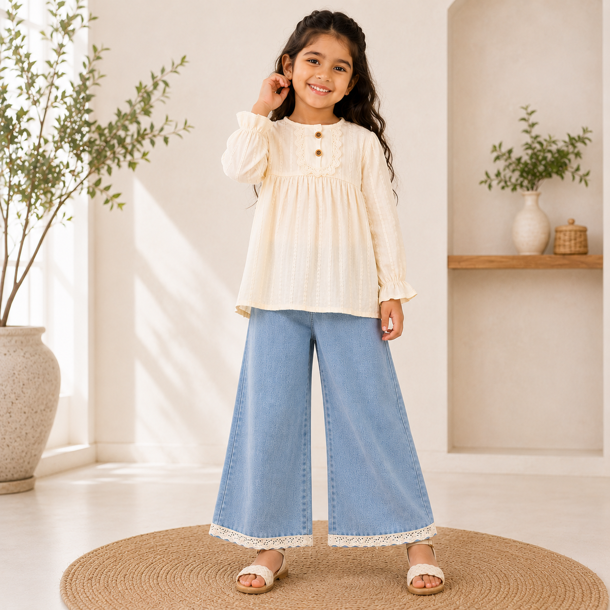Elegant Cream Top & Wide-Leg Denim Set