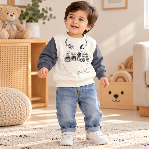 White & Blue Grey Headphone Print Sweatshirt for Kids