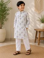 White Floral Kurta with White Pants Set