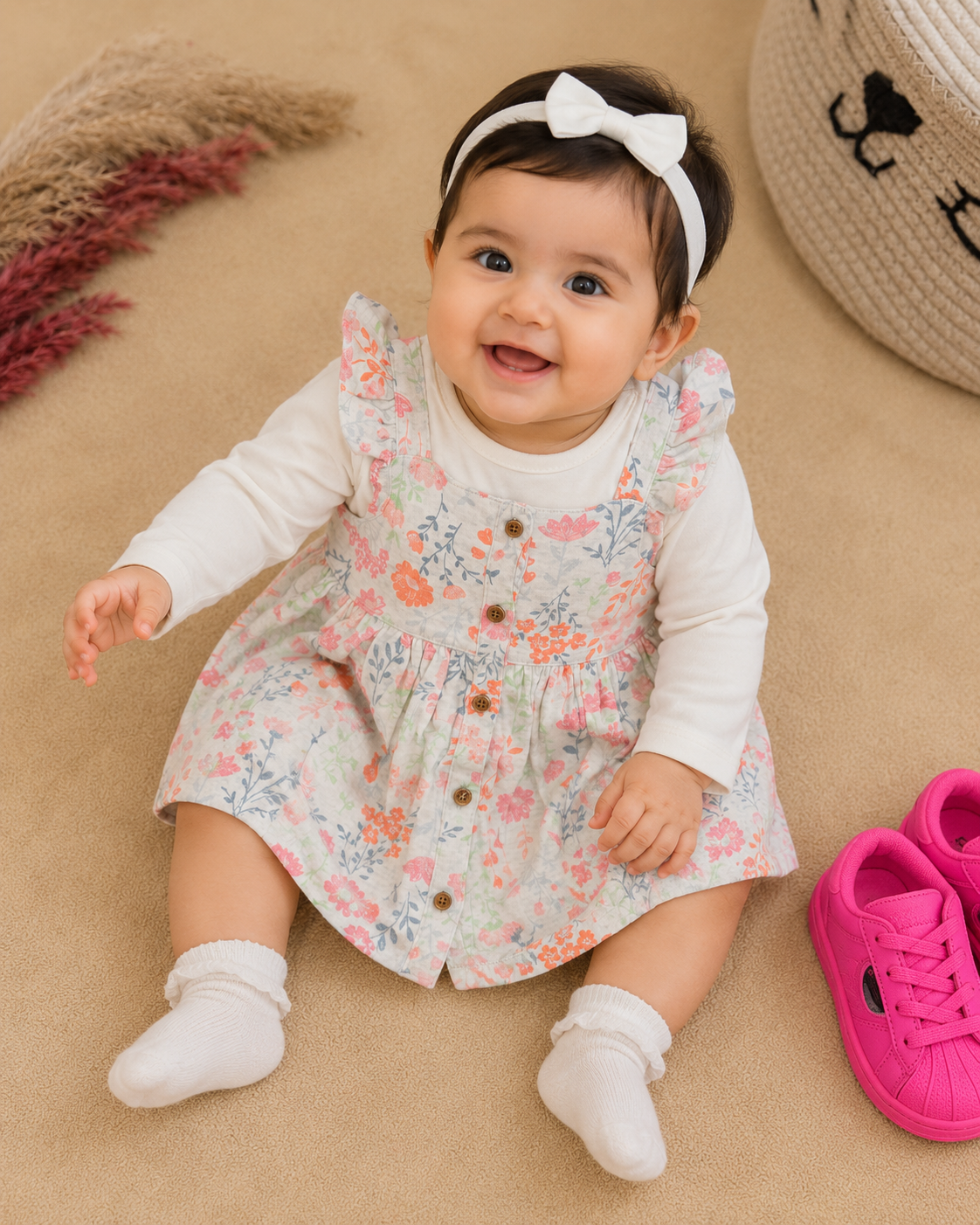 Floral Pinafore Dress with Full Sleeve Inner Tee – 2 Piece