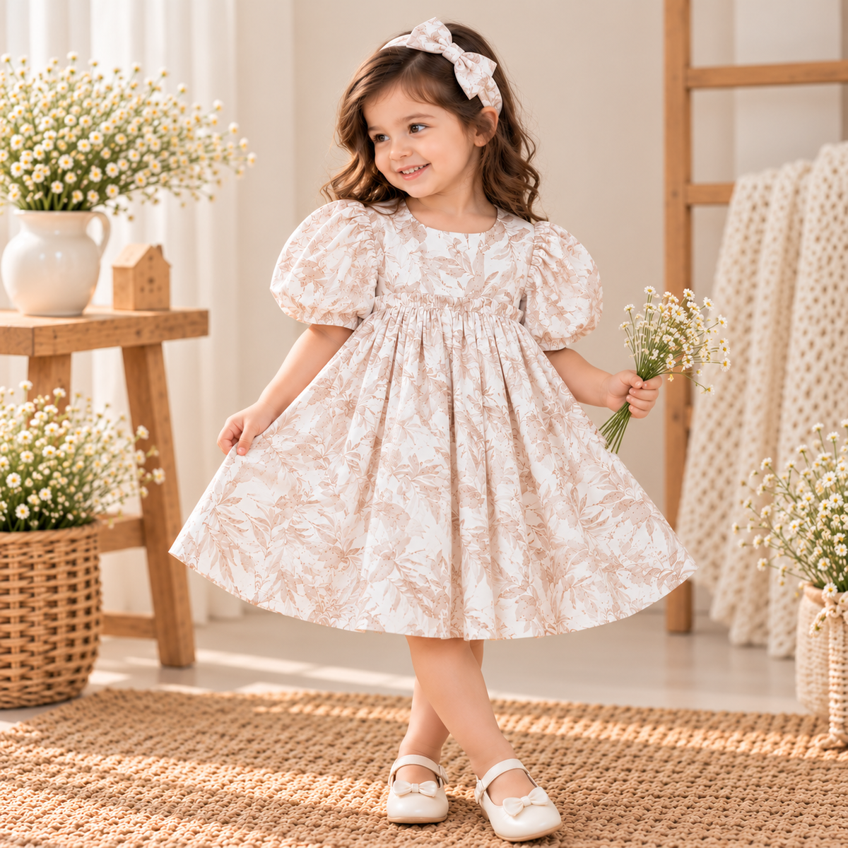 Beige Floral Baby Girl Dress with Matching Headband