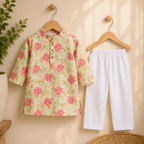 Green Floral Kurta with White Pants Set
