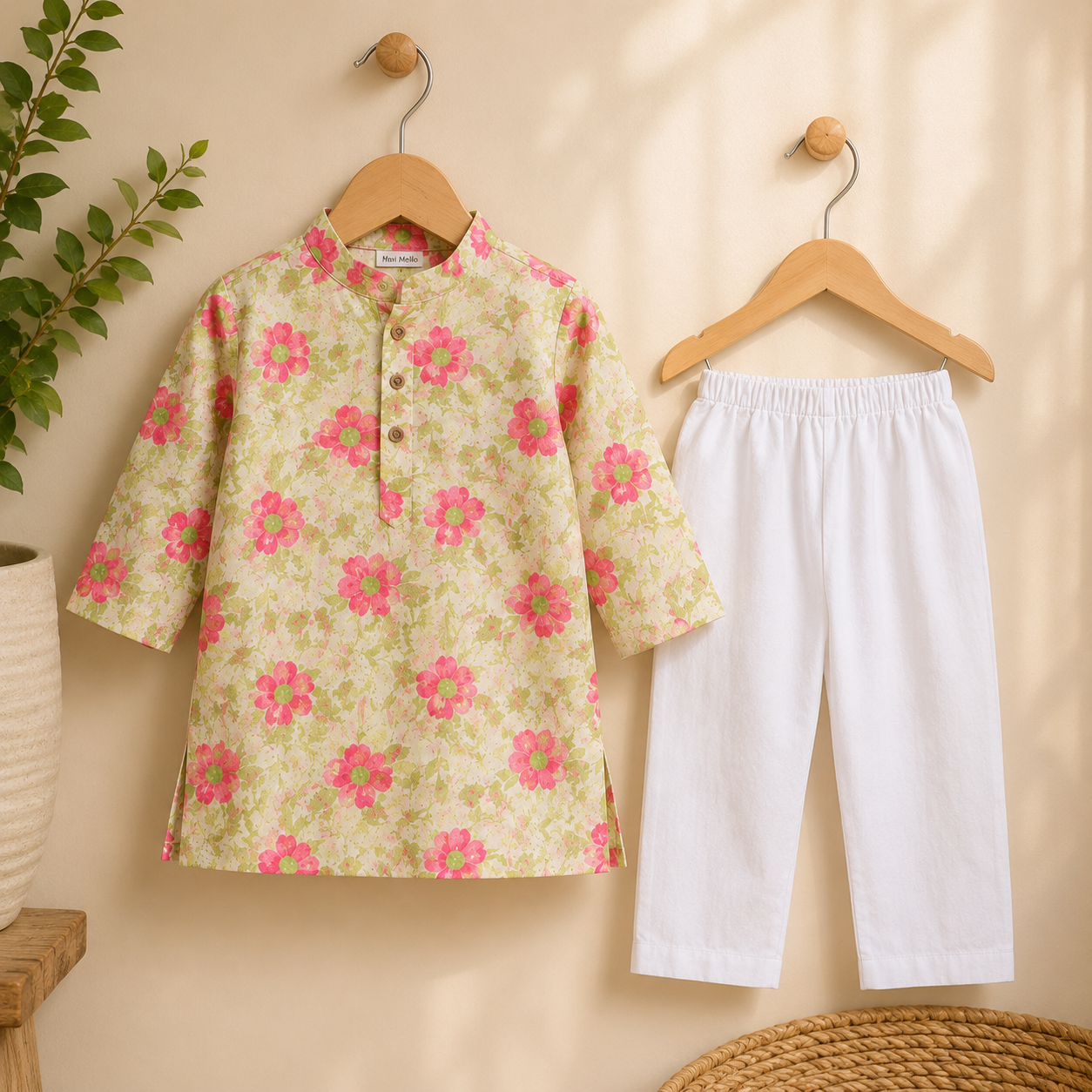 Green Floral Kurta with White Pants Set