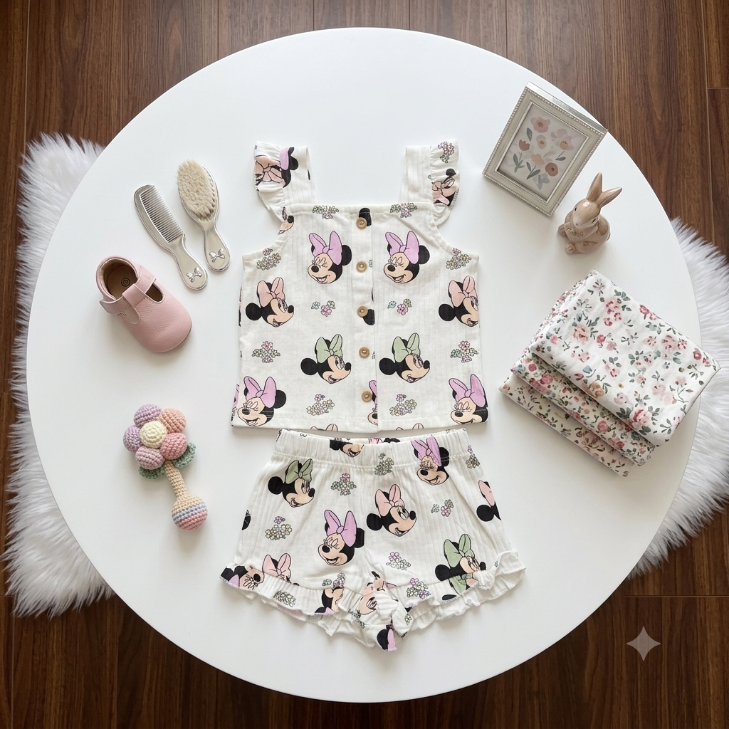 White Minnie Mouse Printed Top & Shorts Set
