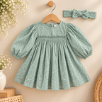 Sage Green Floral Baby Girl Dress with Headband
