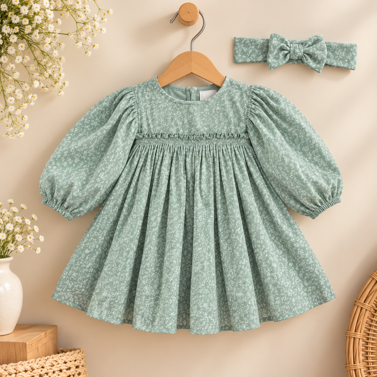 Sage Green Floral Baby Girl Dress with Headband