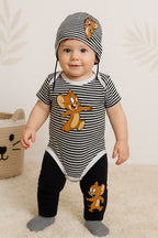 Tom & Jerry Printed Black Baby Romper Co-ord Set with Cap
