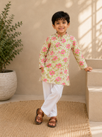 Green Floral Kurta with White Pants Set