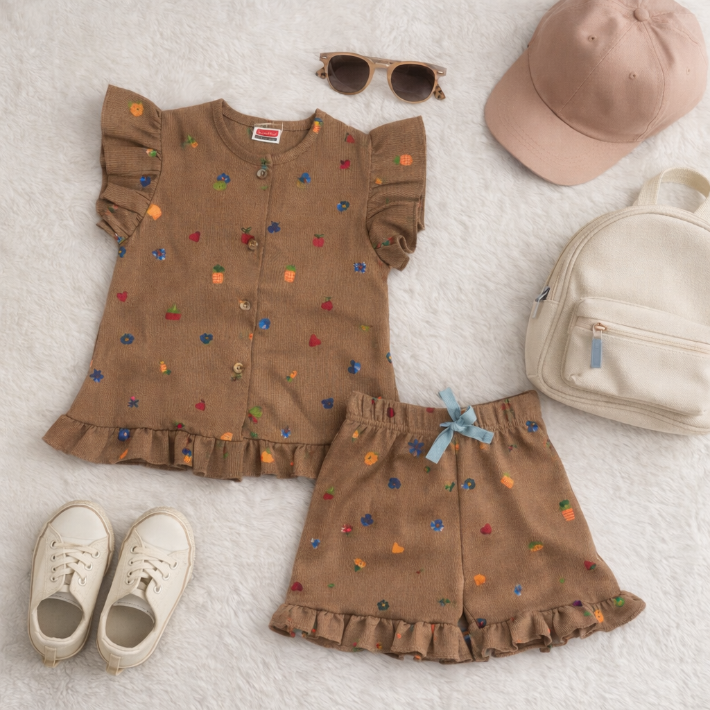 Brown Cute Fruit Girls Short Set