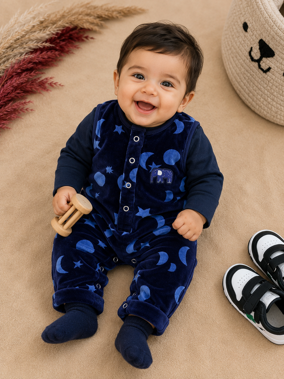 Baby Boys Moon & Stars Velour Dungaree Jumpsuit Set – 2 Piece