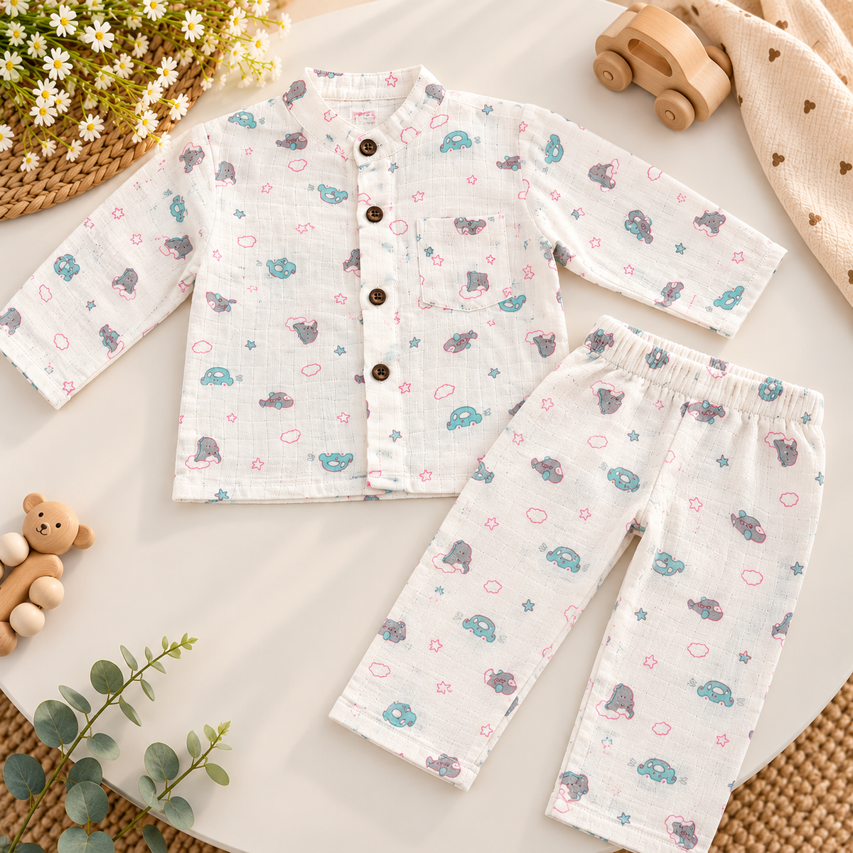 Pastel Printed Muslin Shirt & Pajama Set