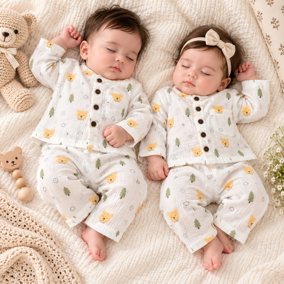 Cream Bear & Tree Printed Muslin Co-ord Set