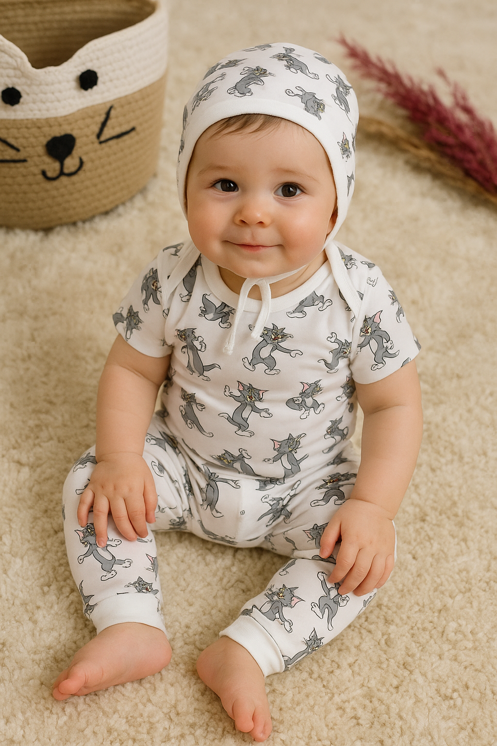 Tom & Jerry Small Printed Baby Romper Co-ord Set with Cap